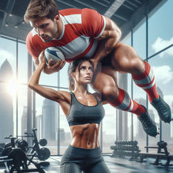 Rugby Player lifted by Strong Woman
