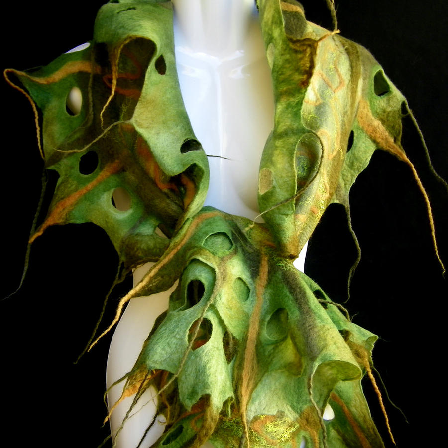 Hand Felted Scarf Moss Olive Green Woodland Fairy