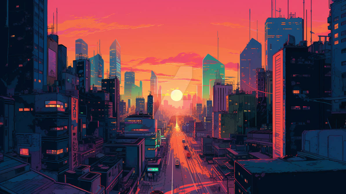 A futuristic cityscape with holographic musical notes floating in the air