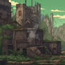 desolate pixel art cityscape ruins