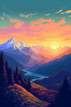 golden sunset over pixel art mountains 7