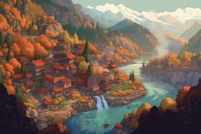 lively autumn mountain village