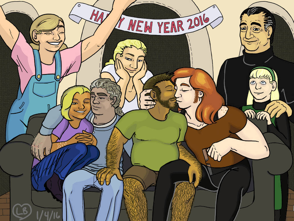 This family portrait is drawn and colored digitally, unlike the colored pencils of before! This time, the system stands in a living room with a big black leather couch and three adobe doorways that open out into dark swirls; a banner saying HAPPY NEW YEAR 2016 hangs on the wall. Rogan and Mac kiss passionately on the couch, and Rogan also his hands on both Mac and Biff's knees. Mac's hair has reached Disney princess length and he's wearing black tights and a brown blouse, while Rogan has gained weight and wears a hunter green T-shirt and brown cargo shorts. Biff, the new arrival, has his arm around M.D. and he looks tired but content; he wears faded jeans and a waffle-knit long sleeve shirt. M.D., with her chelsea hairdo, jeans, and black combat boots, grins under his arm. Behind the couch stands Sneak, who towers over everyone else, wearing a pink shirt and blue overalls, zer hair in pigtails. Miranda proprs her elbows on the couch; she's back in her white dress, and her long curly hair is in a pony tail. Falcon is in black turtleneck and has a hand on Gigi's shoulder; she remains physically unchanged, but has changed her outfit for a green headband and a black turtleneck under a green dress.
