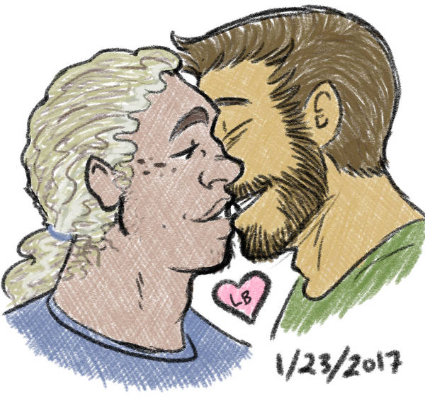A digital colored pencil sketch of Biff kissing Rogan. He's out of cracker mode now, his hair is kinky and graying, freckles are at the corners of his eyes, and his expression is relaxed and happy.