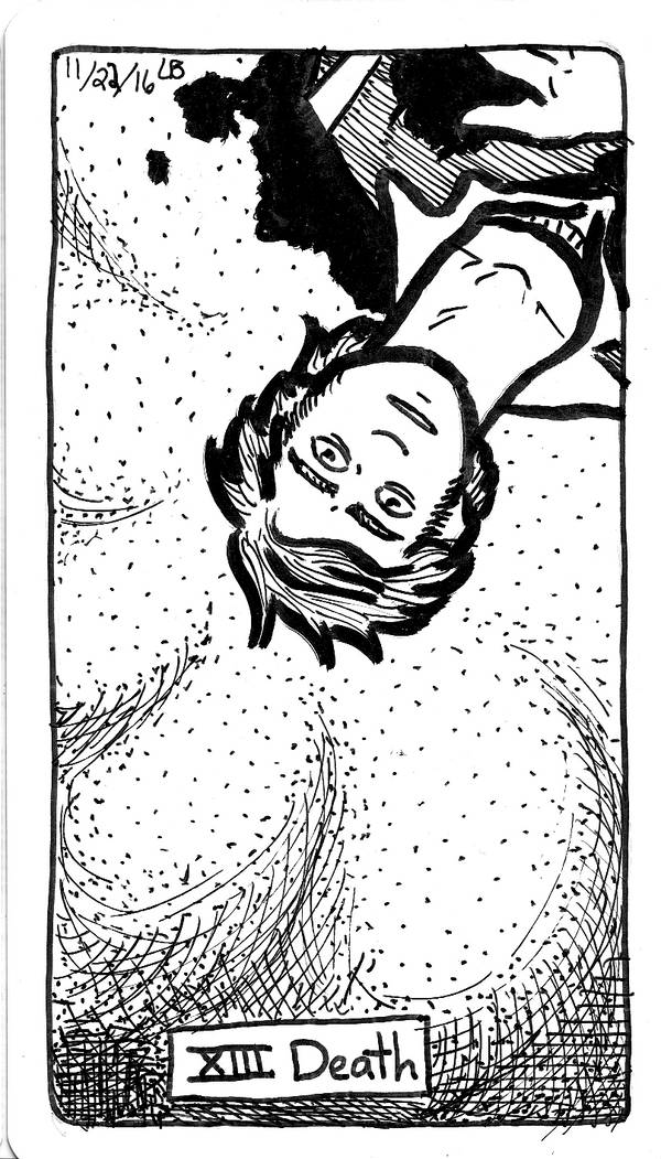 The Death tarot card, showing Specialist MacIntire/Mac bleeding out on the sand. Shadows swirl around him, turning into black ocean waves.