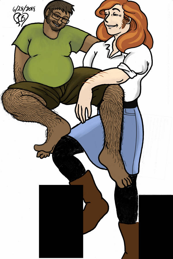 Rogan and Mac canoodling. Mac has long Disney princess tresses, a denim skirt, black tights, and brown Ugg boots. He looks like he tried to be a frontierwoman but wanted to look cute too much.