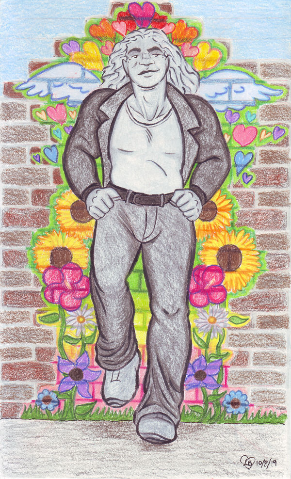 A colored pencil drawing of Biff, leaning back against a dilapidated brick wall. He and the wall are depicted in super-gray shades, and even the sky is a kind of washed out blue, but on the wall behind him blossoms an intense rainbow of graffiti--hearts in red, pink, orange, yellow, and purple, sunflower, hibiscus, daisies, and other flowers, and a pair of wings that sprout from behind his shoulders.