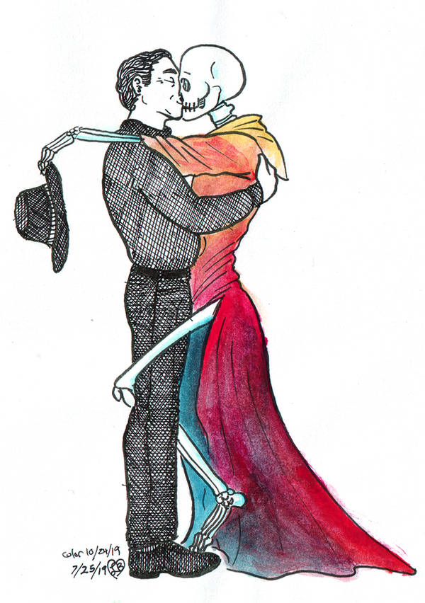Falcon and the bony lady embrace and kiss. She holds his fedora over his shoulder. She's taller than him and slouching to be at his height.