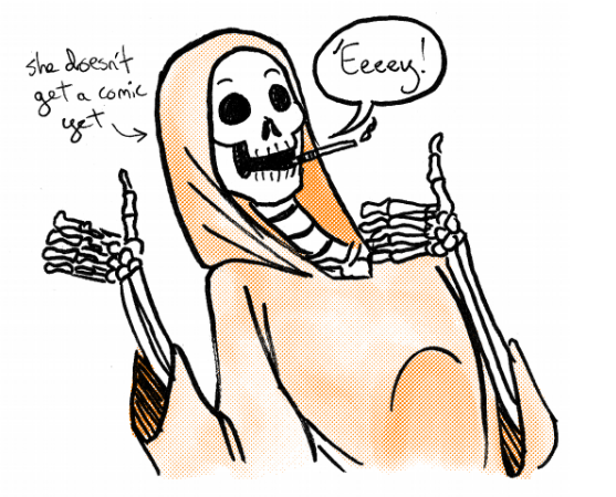 A pen drawing of the bony lady, with orange screentone robes, doing a double thumbs up and going 'Eeeeeey! like a very morbid Fonz.