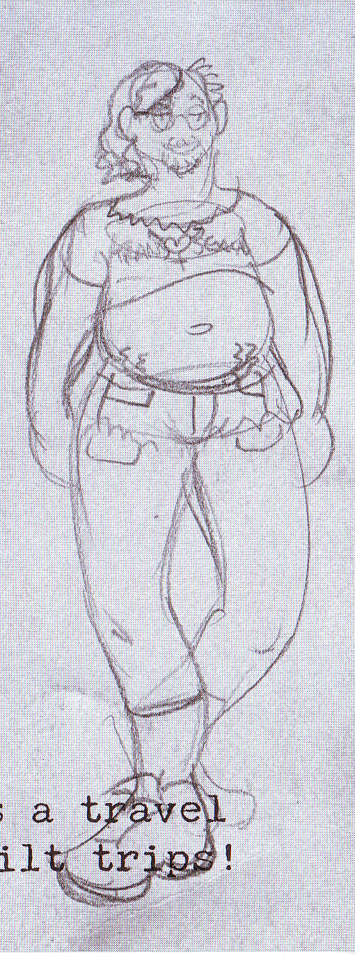 A pencil sketch of a chubby trans man with long legs, a crop top, glasses, and frizzy half-shaved hair.