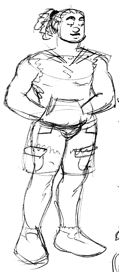 A short, ripped black trans guy wearing a sleeveless hoodie, cargo shorts, and sneakers. He has his frizzy hair pulled back in a high ponytail, an earring, and is the kind of guy you thought was the COOLEST in high school.