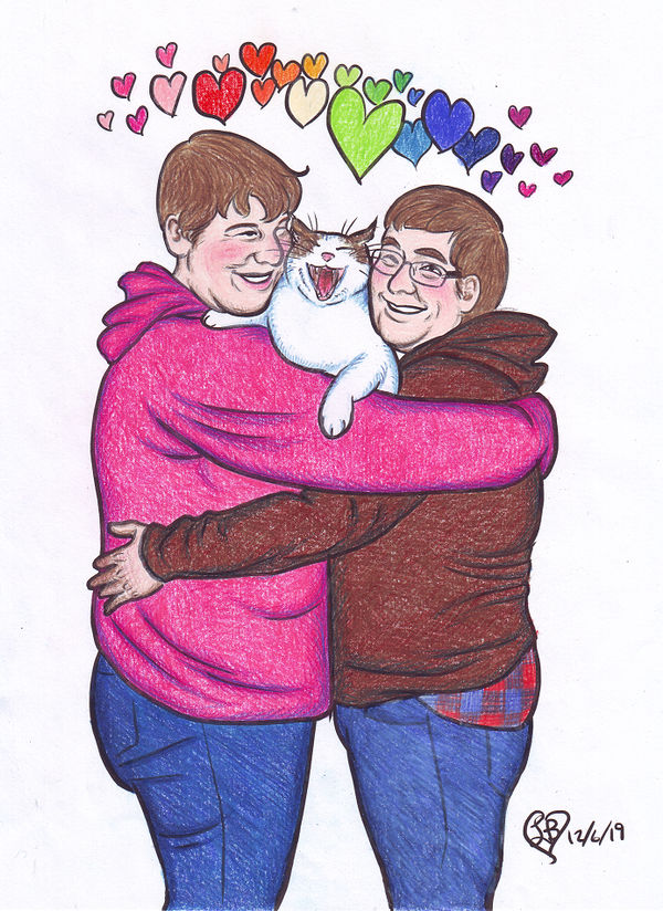 A colored pencil and ink drawing of Genius Cat, a round white cat with tabby splotches, being held between his two smiling humans, a rainbow of hearts above their heads.