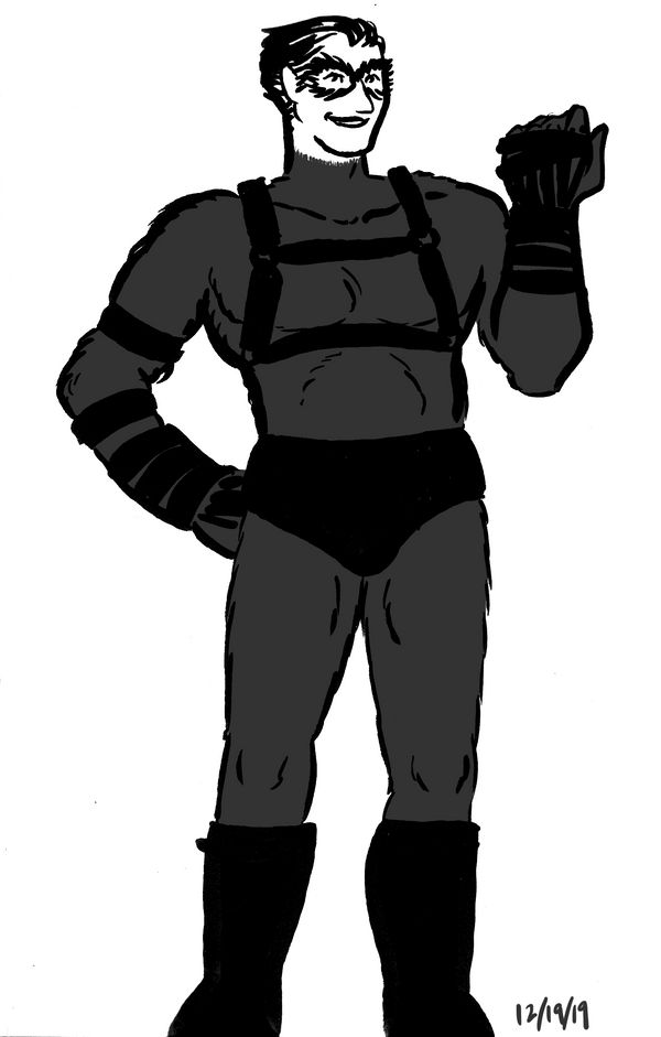 Rawlin, a ten-foot beefsteak. He's covered in black fur except for his face, and instead of eyebrows he has a domino mask of his own body hair, but his skin is leached of all color, white as a sheet. He has a broad grin and wears boots, gloves, and harness. He comes off like a bad kinky romance novel cover.