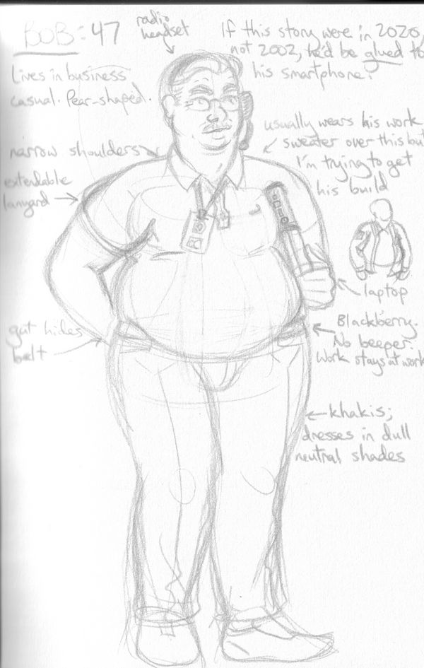 Bob Doshi, a 47 y/o pear-shaped fat guy with glasses, a headset, and a laptop tucked under his arm. He's dressed in business casual, khakis and and a polo shirt, with an extendable lanyard with his ID on it. He looks like approximately half my old man's coworkers, back in the day.