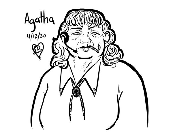 An ink drawing of Agatha, a toad-faced older woman with a cigarette, a bad perm, and a carefully cultivated soulless expression. She wears a PIN headset, bolo tie, and a white collared shirt.