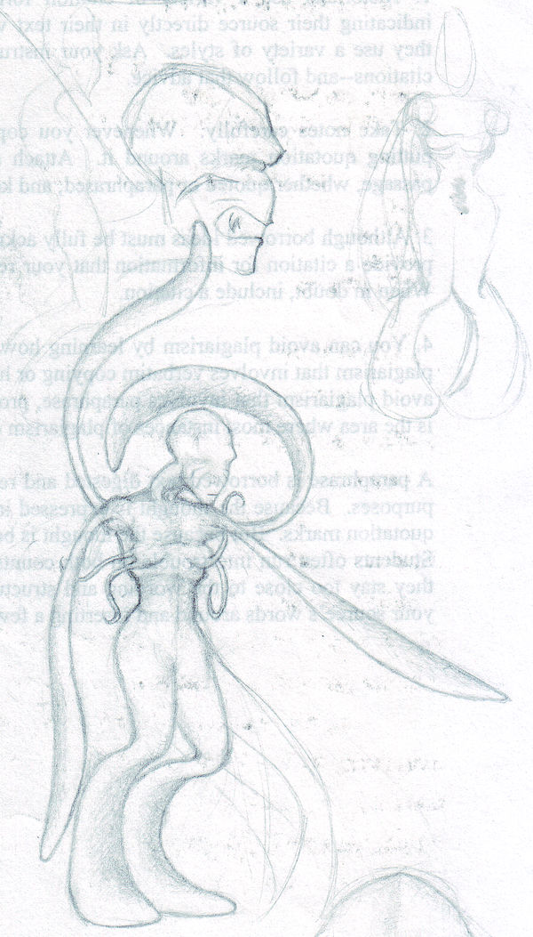 Old outdated reference sketch of the 107, a ten limbed, eyeless humanoid critter with gills down its face. It has flat, ribbony tentacle limbs: two legs, four "arms" that double for locomotion or gross movement, and four delicate feeling/manipulation tendrils that grow out of where its ribs would be if human.