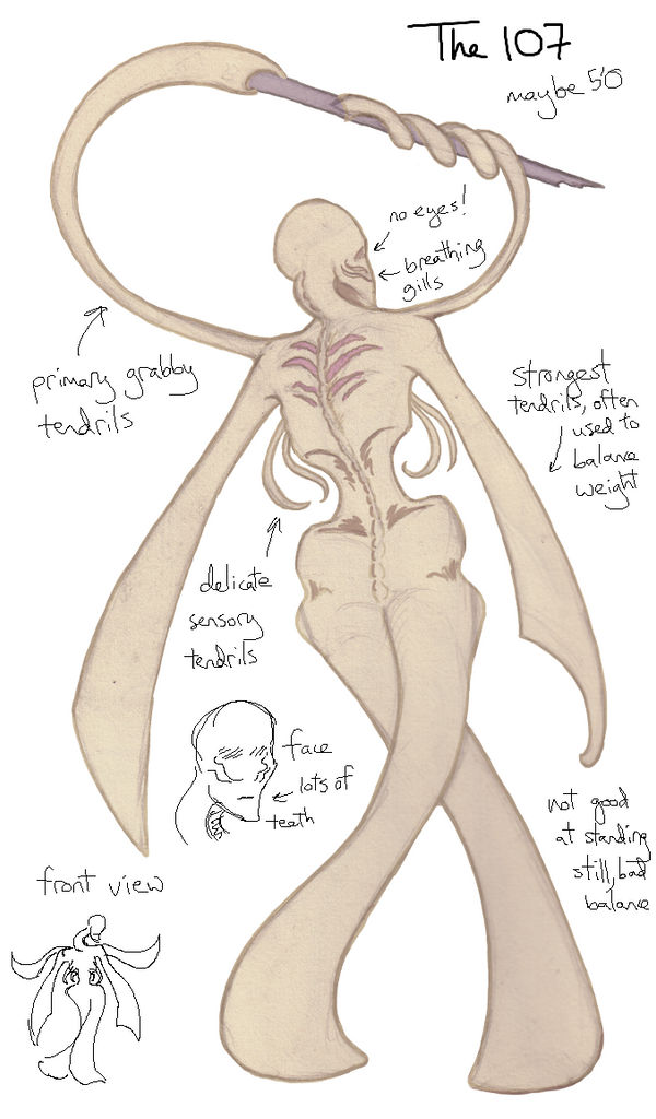 A colored drawing of the 107 from the back. Notes say that it's maybe five feet tall, has no eyes, just breathing gills, and isn't good at standing upright and still.