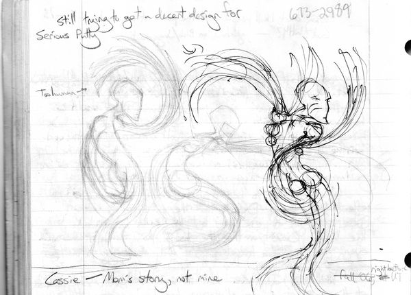 Outdated scribbles of the 107--under its old embarrassing name of Serious Putty--in motion. Its limbs move in graceful curves, it twists in ways humans can't, and it really is a being that looks better in motion than holding skill.