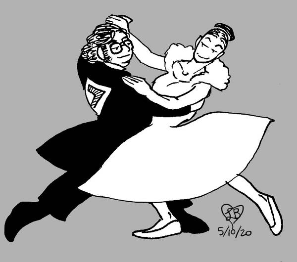 Pen doodle of Linda and Bob, in full dance costume, waltzing. They're in full sweep of motion and smirking at each other.