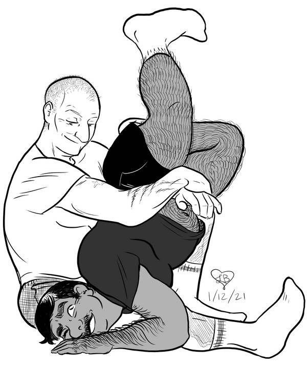 Grey pins Bob in an undidnified crotch hold. Bob doesn't seem to mind. Grey has the slightest hint of a smirk on her face.