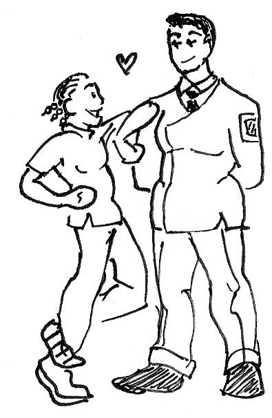 little pen and ink doodle of Pritchard and Larkin in their work clothes, Pritchard tiny and giving Larkin a friendly elbow.
