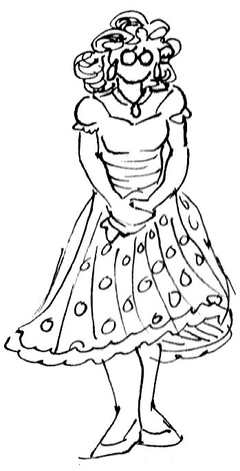 A sketch of Jenny as described, clasping her Kleenex and head bowed sadly.