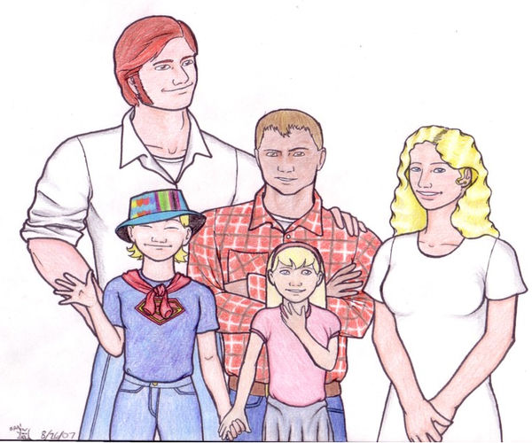A colored pencil drawing of Loony-Brain, back in 2007. Mac has shaggy but butch hair, sideburns, blue jeans, and a white collared shirt with the sleeves rolled up, and he has a hand on Rogan's shoulder. Rogan is cleanshaven, stocky, in a plaid shirt, with a grumpy look and crossed arms. In front of them stand a tiny Sneak, dressed in jeans, a Superman T-shirt, with a sweater tied around zer neck to make a cape and a Peruvian multicolored hat. Ze waves and smiles. Gigi holds hands with zer, dressed in headband, skirt, and pink shirt, smiling and holding a hand to her throat. Miranda stands in a white dress with long curly hair, hands clasped in front of her.