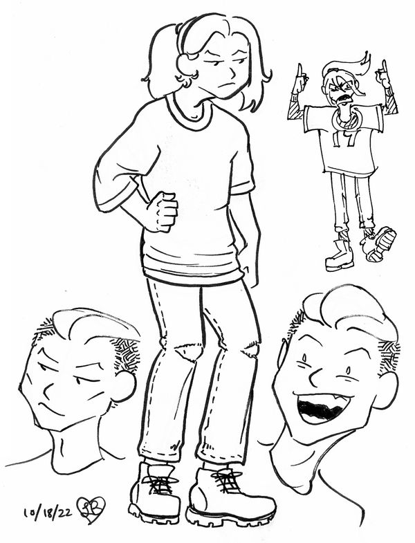 Drawings of a teenage Mori, with long hair, ponytail, and early 2000s fashion, stomping around in big boots and giving double middle finger and shouting at someone, and also drawings of her face and hair now that she's in her mid-twenties and has butch dyke hair.