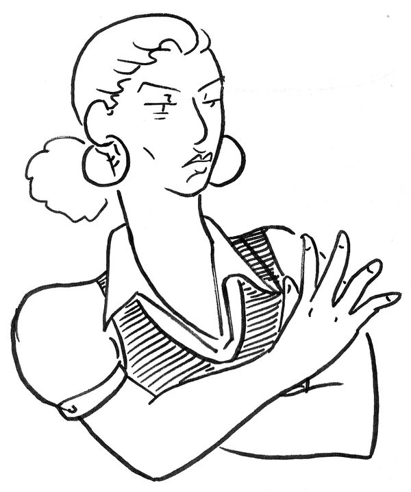 Miranda with her arms crossed, making a face like someone's just worn black on Labor Day.