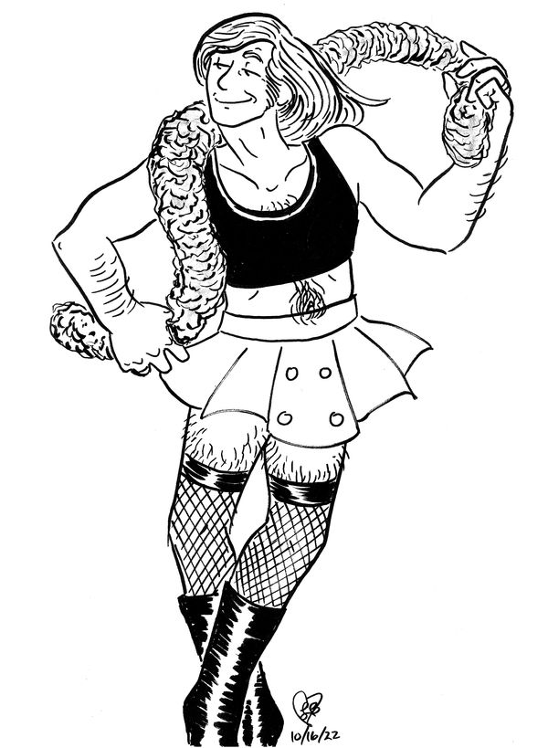 Mac dressed in a minikilt, feather boa, sports bra, and fishnets, dancing in ballet boots.