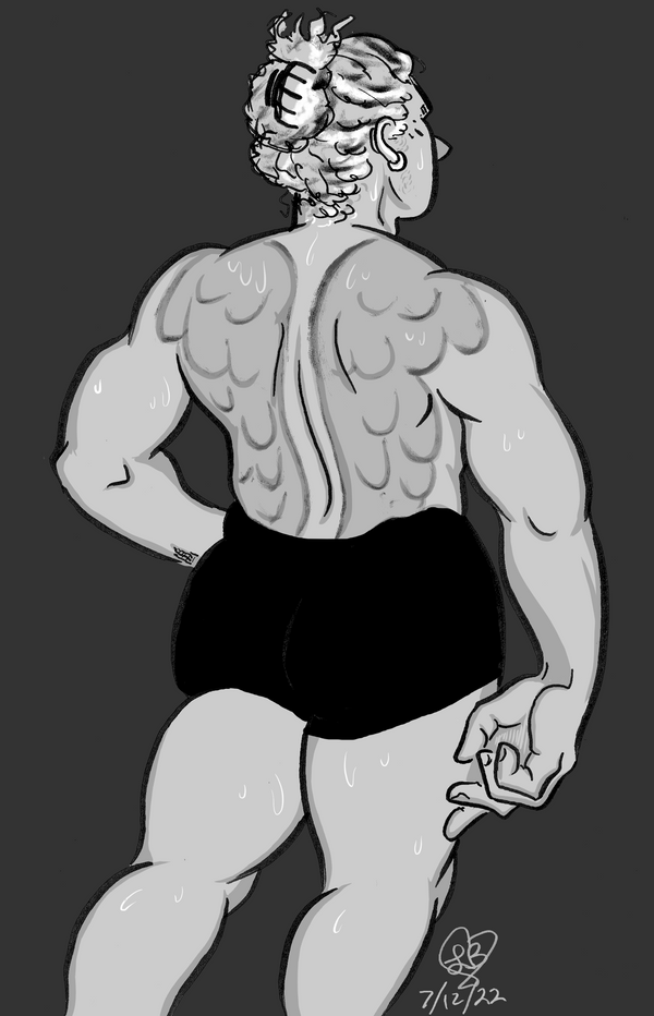 Biff in black shorts, back to the viewer, showing off his tattoos, feathered wings down his back. His hair is up in a clip so it doesn't get in the way