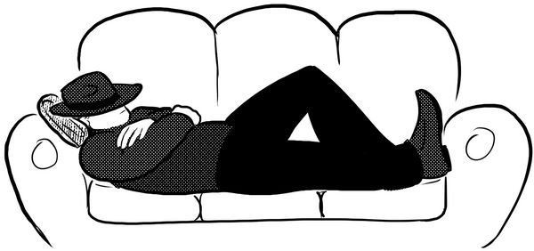 Falcon sleeping on the couch, still fully dressed, wearing shoes, using his coat as a pillow and with his fedora tipped over his eyes. It is the posture of a man who sleeps on park benches, not someone relaxed at home.