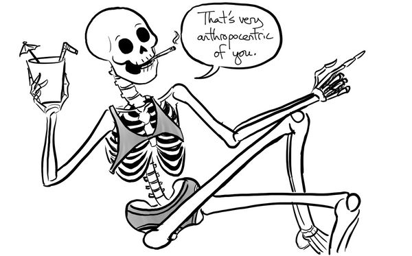 The bony lady in a gray bikini, drinking a fruity drink with a cocktail umbrella and saying, That's very anthropocentric of you.