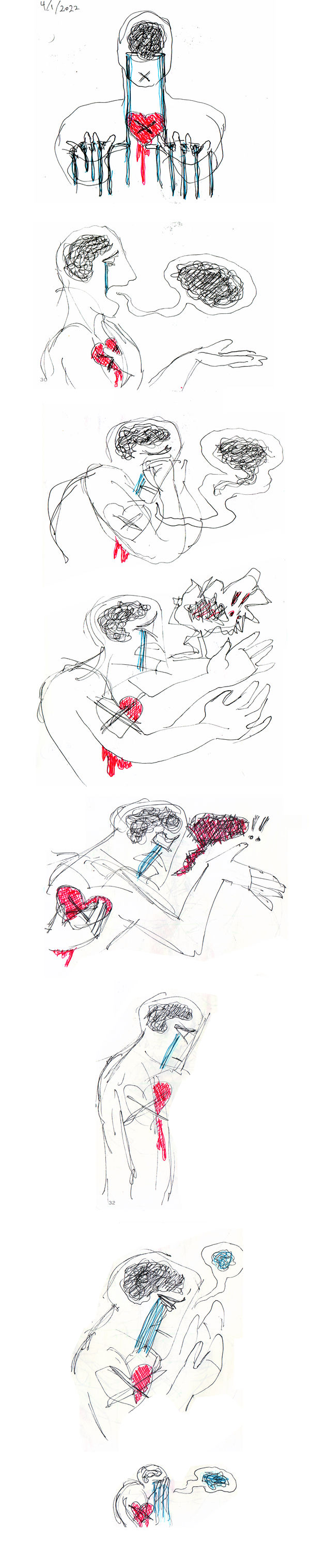 A short, wordless comic strip, depicting a scribbly white figure, featureless except for a big red heart on its chest with a black X over it, scribbles of black in its skull, and streams of blue pouring from its eyes. It weeps, tries to speak, but all that comes out is scribbly black. It gets more and more upset, and the black scribbles get tainted with red. Finally, it stops talking, puts its face in its hands, and cries.