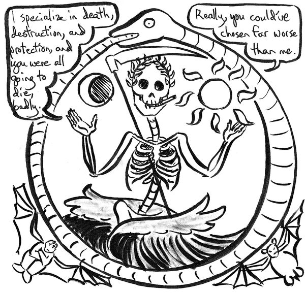 A comics panel showing the bony lady, erupting from the black ocean while wearing the laurels of triumph, holding the sun and moon in her hands, encased in an ouroborus. A scythe is behind her, the handle sliding between her ribs. She says, I specialize in death, destruction, and protection, and you were all going to die, badly. Really, you could've chosen worse than me.