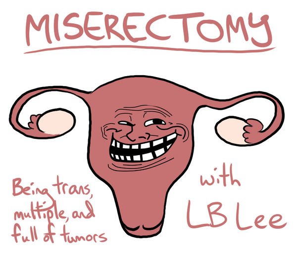 My title slide, showing the name and also a big red uterus with a trollface on it.