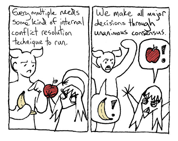 A couple comics panels showing a very scribbly Sneak and Gigi. Sneak holds a banana, Gigi an apple. They are arguing over which we choose.
