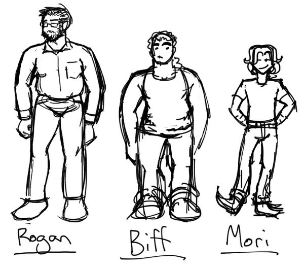Scribbly pen drawings of Rogan, Biff, and Mori. Rogan is a stocky bearded brown man with glasses, a flannel shirt and jeans. Biff is a muscled short biracial man in a tank top and jeans with a ponytail. Mori is a tiny punk shrimp with a Chelsea feathercut, jeans, and a T-shirt.