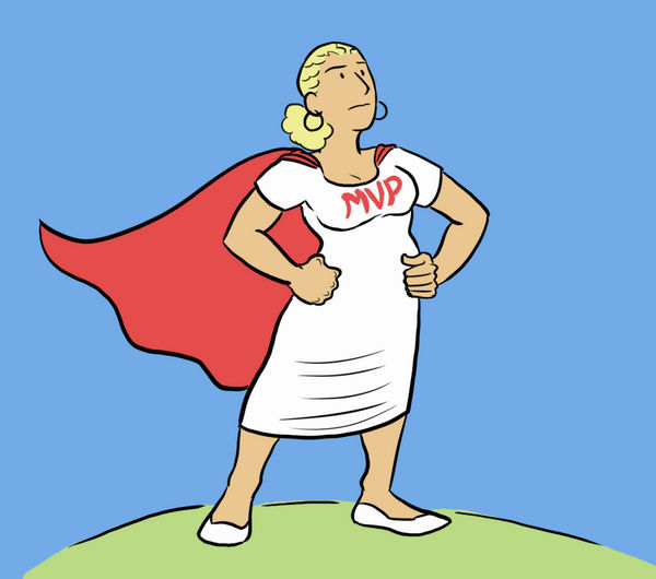 A brightly colored drawing of Miranda, a white woman with a curly blond pony tail, big hoop earrings, and a white dress adorned with a flowing red cape rippling heroicalyl in the breeze. She stands on a hilltop, hands on her hips, expression distant yet stern, mimicking Superman. Her dress reads MVP across her chest.
