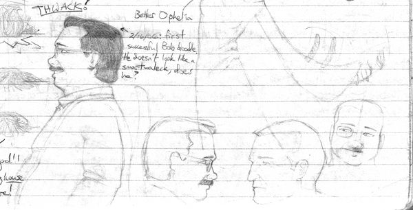 A very old pencil sketch, done on lined paper, of Bob in profile. Our art has improved, and his hair is slightly more pompadoury, but he's otherwise unchanged. A handwritten note reads, 2/16/06: first successful Bob doodle. He doesn't look like a smart-aleck, does he?