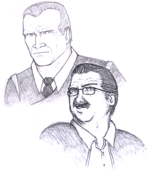 A pencil drawing of both Bob and Grey, just from the shoulders up, in their work clothes. Grey is giving the wooden laser beam stare that she uses at work, while Bob has a smug, impish look on his face.