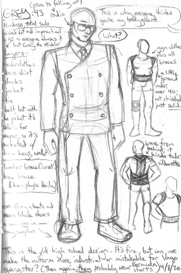 Grey, a 43 y/o white trans gal with the size, shape, and personality of a refrigerator. Unlike Ebony further down, she has her double-breasted suit buttoned all the way up and in peak order, despite the Arizona heat, though she cheats and wears shoes she can actually run in. Underneath, she has to wear knee and back braces because her body's starting to crap out on her. She also wears aviator sunglasses and an earpiece. Off-panel, Bob says, This is why everyone thinks you're my bodyguard. Grey just goes, what?
