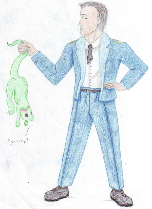 The first art ever done of Grey, with colored pencil on computer paper. She stands in her work suit, which is ripped down one sleeve, and holds by the tail an adorable green creature that looks like a cross between a cat, a rabbit, and frog. It looks up at her with big adorable red eyes and goes Myurrrp? but Grey looks unimpressed and just eager to get this over with.
