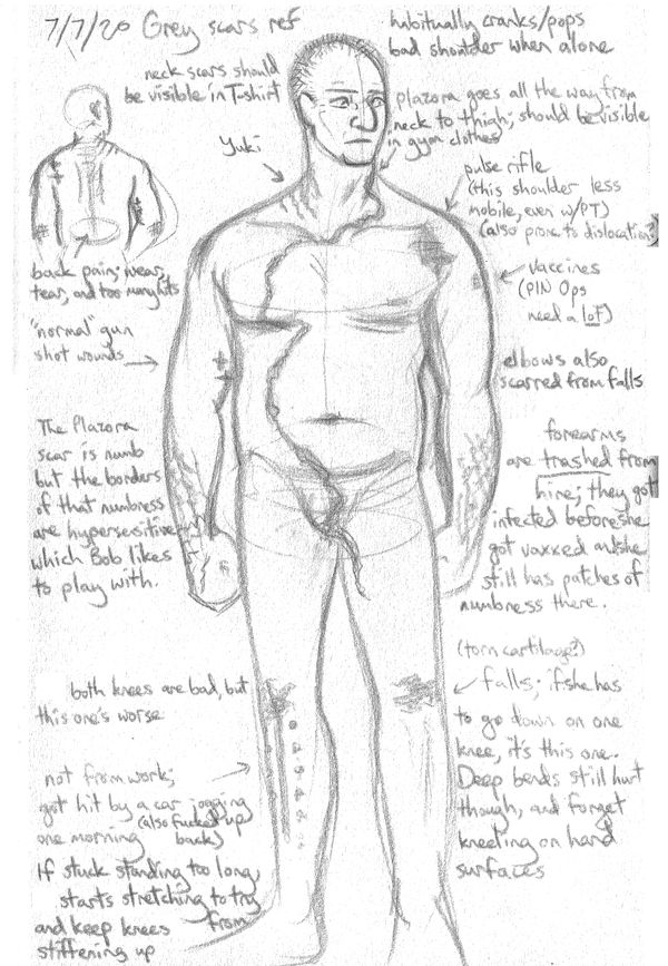 Pencil sketch with copious notes of all the scars and wear and tear Grey has. He's a barrel-chested, no-waisted, looming slab of a man, and pretty beat up, though all his scars can be covered in long sleeves, button collar, and pants; anything less than that and he looks rough. He has claw marks on one side of his neck; the other side has the top of the weld job scar that goes all the way down his front, across his chest, down his gut, through his genitals, and down one thigh. The scar itself is numb, but the borders are hypersensitive, which Bob likes to play with. There are a couple big craters in his left shoulder, which has less mobility despite physical therapy and is prone to dislocating; Grey cranks and pops that shoulder habitually when alone, since it never feels quite right. He also has a round little scar further down that shoulder, from all the vaccinations his job required. He has a couple normal bullet scars in his right bicep, and both his forearms are a corrugated gashed-up mess from the circumstances of his hire; they got infected before his vaccinations and he still has patches of numbness on his forearms due to it. His elbows and knees have ordinary scars from too many falls, and his right knee also has a long scar down the shin--not from work, but from when he got hit by a car while jogging one morning and needed a steel rod put in; said accident also fucked up his back. Both his knees are bad, but that one is especially crummy; if he has to drop to one knee, he chooses the better one, but forget kneeling on hard surfaces. If he has to stand for long periods, he idly stretches to keep his knees from stiffening up.