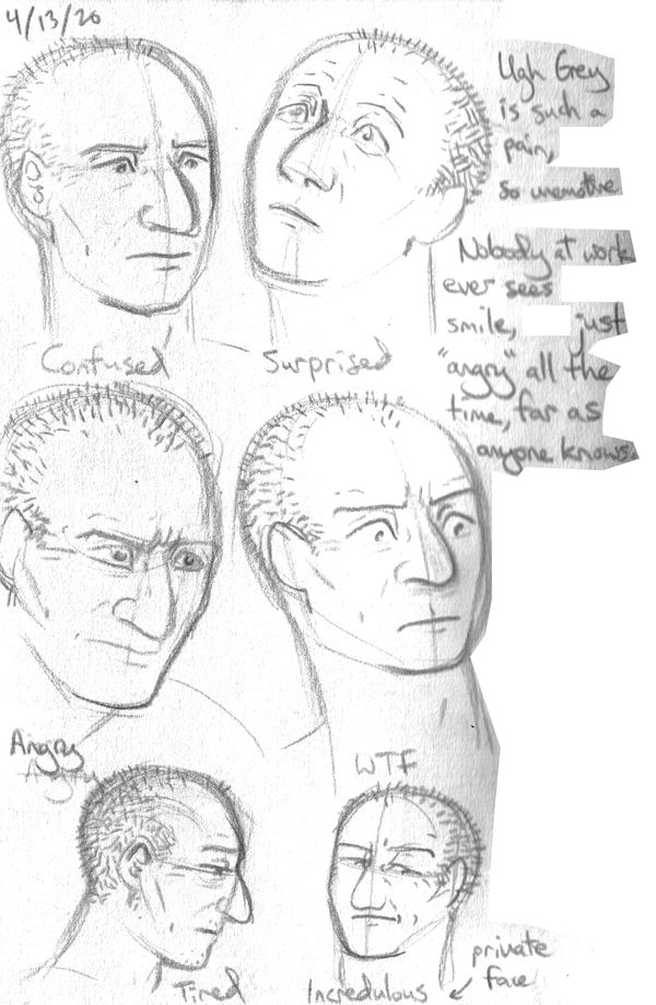 "Design sketches testing out Grey's expressions. He's very unemotive and wooden, except when relaxed, and there are lots of irritated notes to that effect, among which are 'This man's pan be DEAD.'"