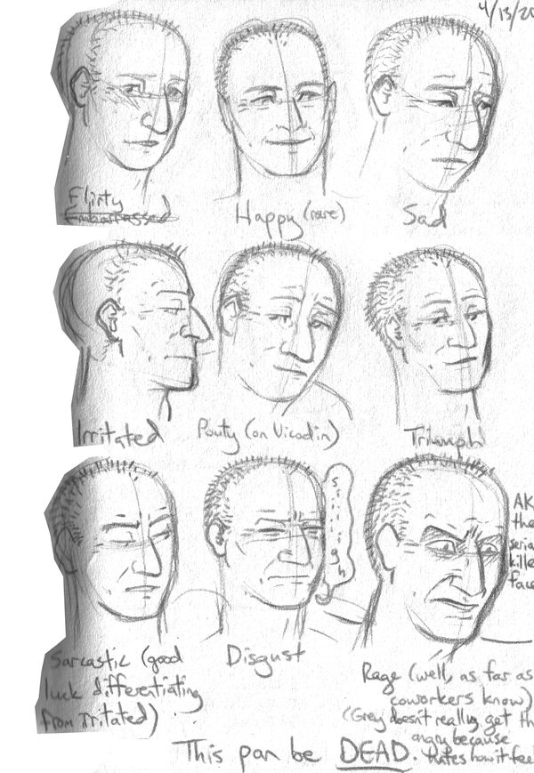 "Design sketches testing out Grey's expressions. She's very unemotive and wooden, except when relaxed, and there are lots of irritated notes to that effect, among which are 'This pan be DEAD.'"