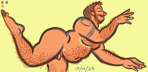 A sketch of Rogan posing ridiculously, the way you might imagine a ballet dancer hamming it up and trying to portray a putti. Done in shades of gold, orange, and blue, Rogan's top surgery and hysterectomy scars show up in gold.