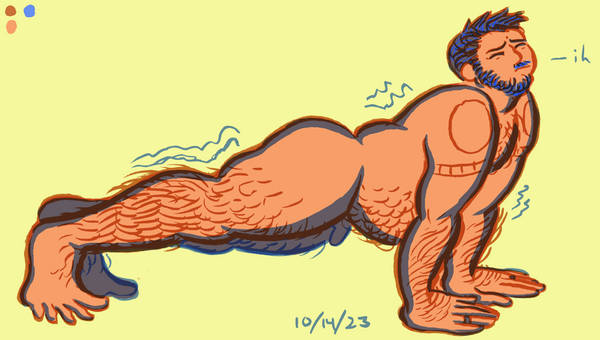 Another gold, orange, and blue sketch, this time of Rogan stretching in the morning, a poor man's upward facing dog.