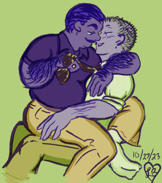 A doodle in shades of green, yellow, and purple of Bob sitting in Grey's lap, pulling her in for a kiss by the tie.