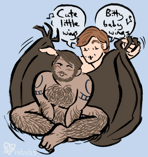 A colored sketch of Rogan sitting cross-legged naked on the floor, beaming happily while Mac plays with his wings and makes a silly face, singing "Cute lil wings, pretty baby wings."